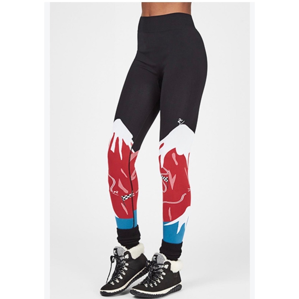Sweaty Betty London Ski Seamless Base Layer Leggings Mountain Print Black Red L
